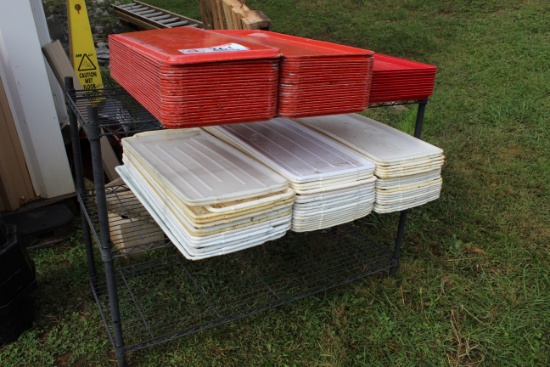 Metal Shelf & Contents: Various Coated Trays And Plastic Lids