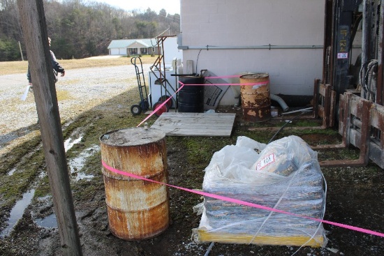 Big Tarp, Pallet of Quikrete, Wheel Barrel, Lumber, Metal Drums, Etc.