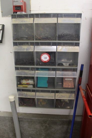 Plastic Bin & Contents- Various Screws, Hot Melt Glue, Zippers, Etc.