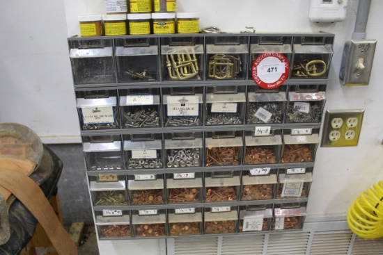 Plastic Bin & Contents- Copper Rivets, Burrs, Grommets, Screws, Belt Hooks,