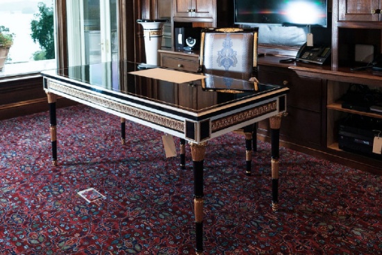 Desk, Wellington Black Lacquer with gilting and bronze and inset leather wr