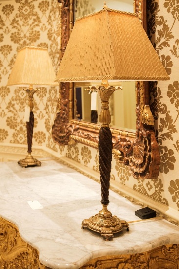 Pair (2) of Lamps, brass and carved stone w/rectangular gold silk shades, A