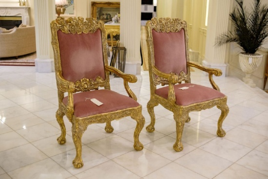 Pair (2) Arm Chairs, heavily distressed gilted finished, w/ball & claw feet