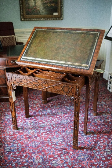 Maitland Smith Book Table,  Mahogany with green leather top and brass book