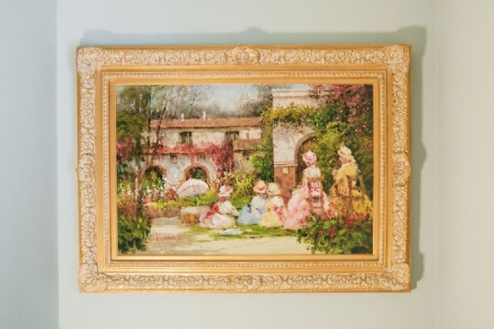 Painting, C Francois signed of a court yard scene with women and children,