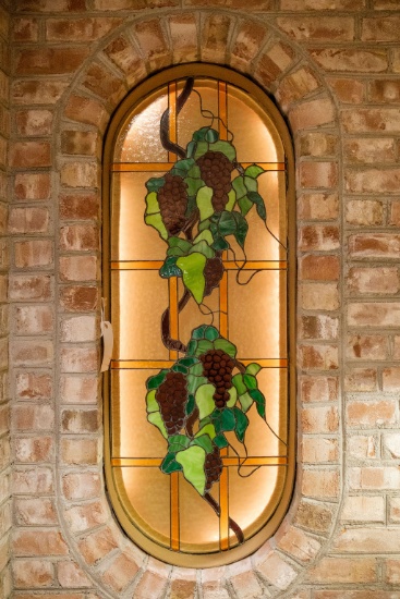 Stained glass panel race track oval w/grapes, Approx. 47"H x 17-1/2"W