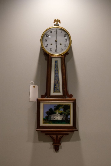 Banjo clock with reverse painting of Mt Vernon mahogany case, Approx.  38"