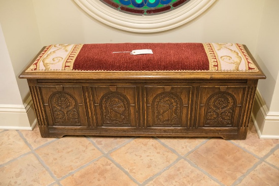 Oak chest with sliding interior tray, 4 carved panels in front, Approx.  20