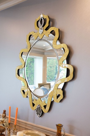 Venetian Mirror  Oval etch decoration with gold glass ribbon motif, Approx.
