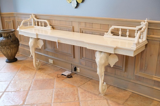 White painted console table with elephant  heads, Approx.  38"H x 84"W x 15