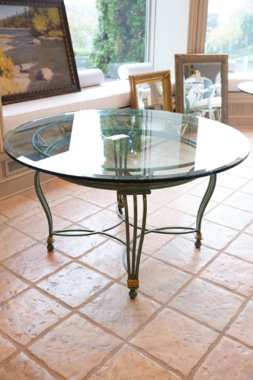 Iron and Glass Table, 54" Diameter  with 1/2 " thick glass top painted iron
