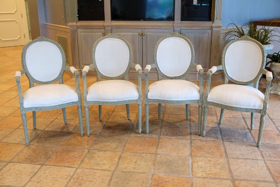 Set of 4 chairs Louis XVI dinning arm chair with rose carved crest fluted l