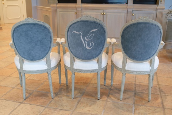 Set of 3 chairs Louis XVI dinning arm chairs with rose carved crest fluted