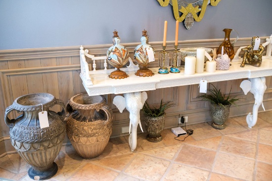 Assorted lot to include -  (2) Mexican urns, (2) small pots with greenery,