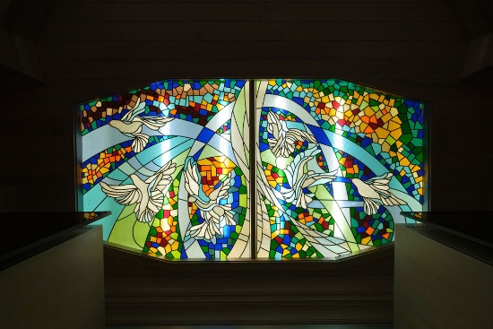 Stained Glass 2 panel light fixture w/doves and angled sides, Approx.  97"W
