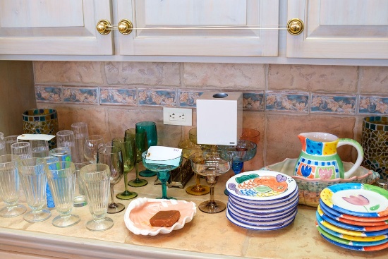 A Festive assortment of kitchen ware China, plastic ware, chip & dip set