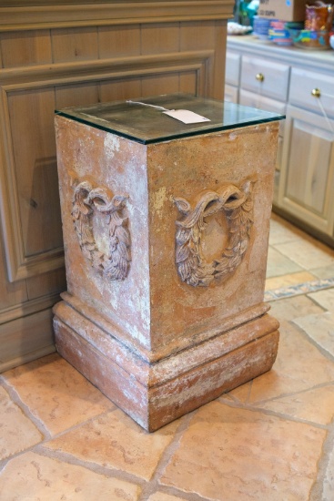 Square terracotta stand with a destress finish, 1/4" glass on top, Approx.