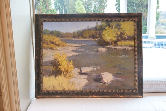 Oil on canvas river scene fall colors, Approx.  37"H x 46"W