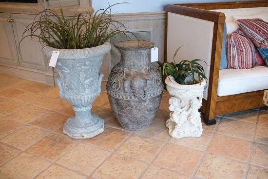 Assorted Lot to include - (1) Cast concrete planter, Approx. 32"H x 22"W, (