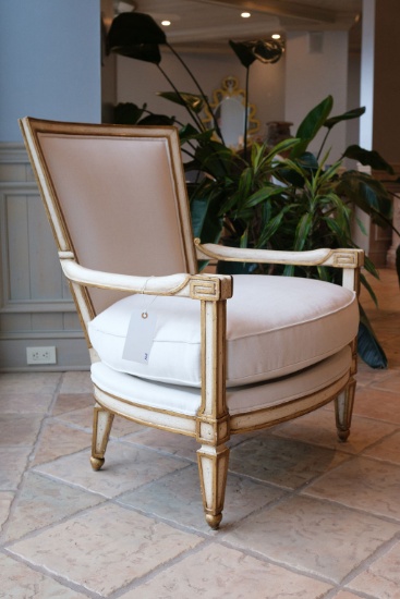 Alfonso Marina Chair, Italian provincial white linen upholstery, Approx.  3