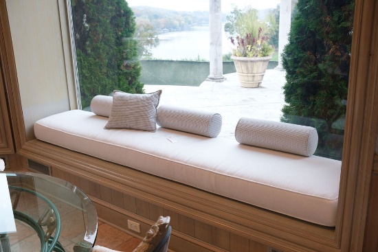Set of (6) window cushions, Approx.  103"W x 7"H x 20"D, with (14) round bo
