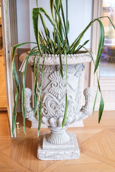 Pair (2) Cast resin Urns, Approx.  40"H x 28"W with live plants