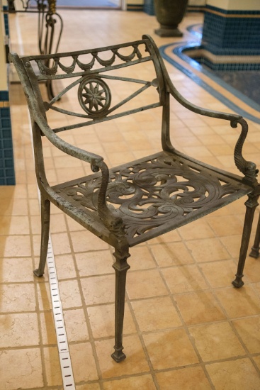 Set of (4) cast aluminum patio chairs with dolphin arms,  Approx. 30"H  x 2