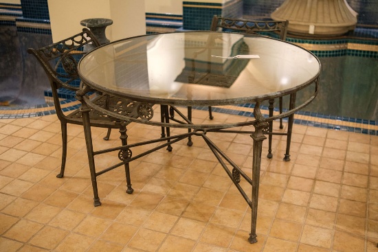 Table w/glass top, cast aluminum, dolphin motif,  Approx. 49"D x 30"H