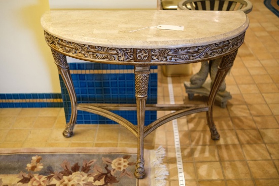 Carved wood 3 leg Demilune console with pen shell top  Approx. 32"H x 43"W