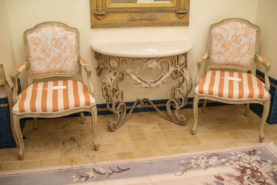Pair (2) of Louis XV arm chairs with destressed pickle finish,  Approx.  40