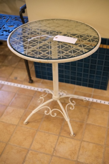 Round pedestal iron side table with latus top,  Approx.  24"H x 20"W