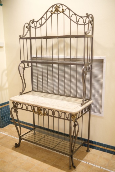 Iron Baker Rack with pen shell top and glass shelves,  Approx. 80"H x 40"W