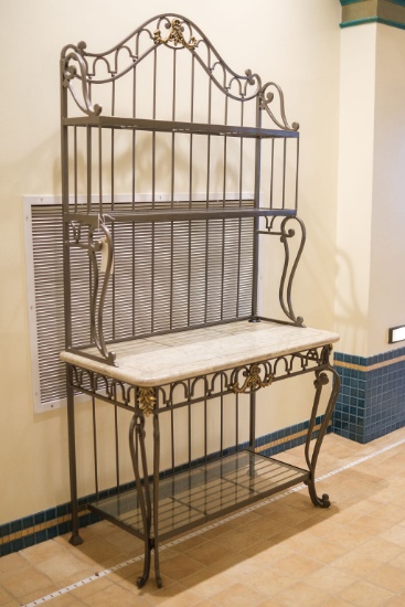 Iron Baker Rack with pen shell top and glass shelves,  Approx. 80"H x 40"W