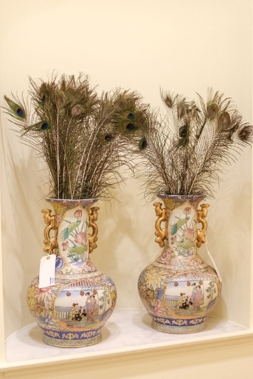 Pair (2) of Chinese vases with gold handles filled with peacock feathers,