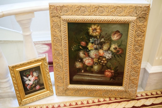 (2) Floral Oils in gilt frames, (1) Approx.  31"W x 35"H, (1)  Approx. 13"W