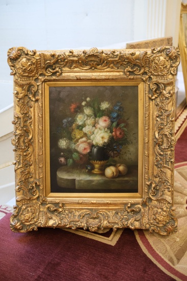 Floral oil on canvas,  with heavy carved frame, Approx.  39"H x 35"W