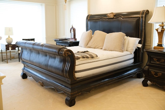 Marge Carson, King bed, carved wood and leather, distressed gilt accents