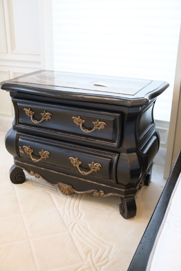 Pair (2) of Marge Carson nightstands, 2-drawer, distress black finish inset