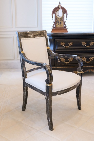 Regency Arm chair completely covered in pen shell and bone w/white leather