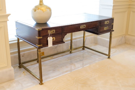 Sligh furniture campaign style desk w/triple tooled leather inserts, brass