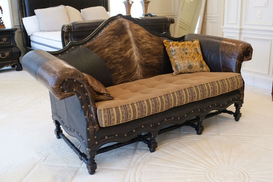 Large sofa with tooled leather hair-on-Hyde inserts and button tufted Chane