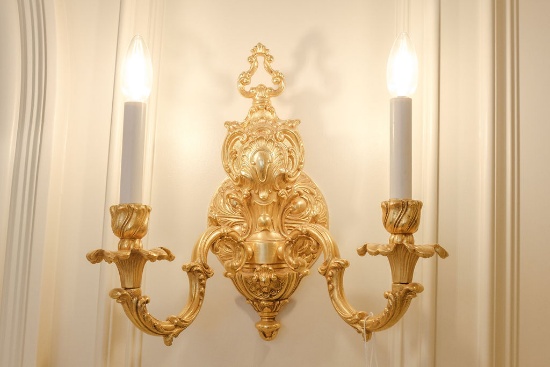 Pair (2) of gilt bronze sconces French style 2 arm,  Approx.  13"H x 13"W x