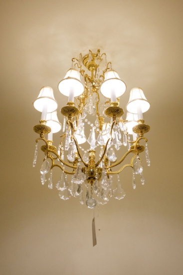 Chandelier Brass w/prisms 8 light w/shades,  Approx. 36"H x 24"W