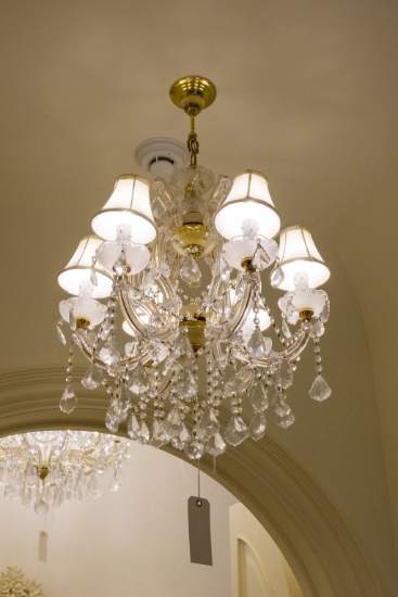 Glass & Brass Chandelier with prism 6 light silk shades,  Approx. 36"H x 20