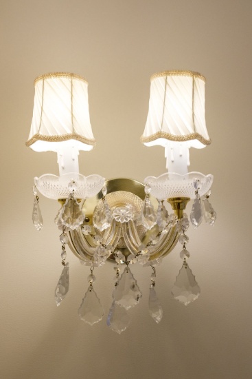 Pair (2) brass & glass sconces,  Approx. 15"H 10"W x 9.5"D