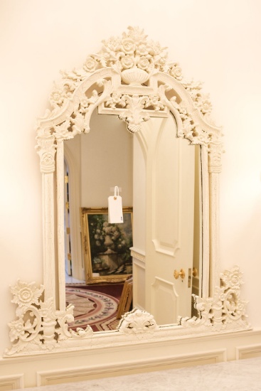 Pierce carved mirror with flowers and leaves ivory cracklor finish,  Approx