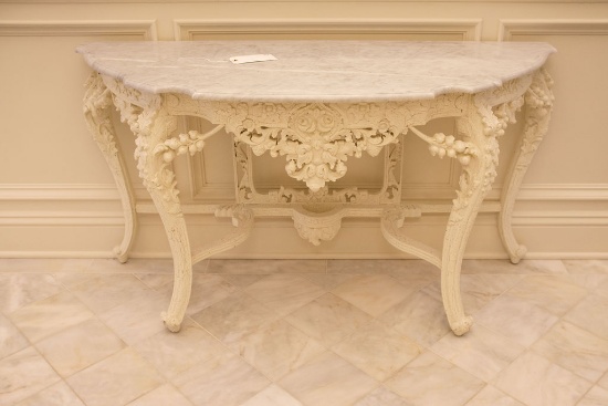 French Provincial Demilune console with swags and garland, ivory crackle fi