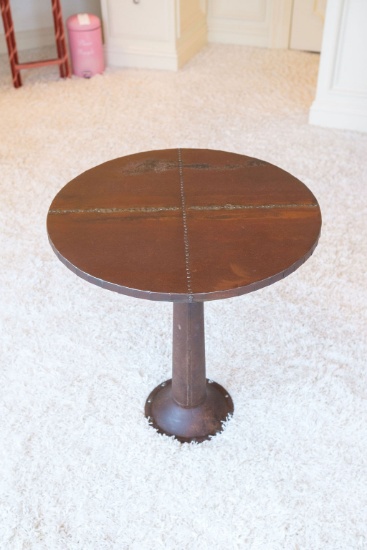 Round metal side table w/decorative top,  Approx. 25"H x 24"D