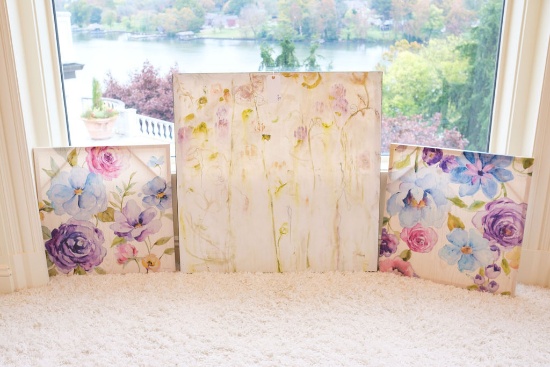 Set of (3) floral art pieces,  (2) 23.5" square, (1) 36" square