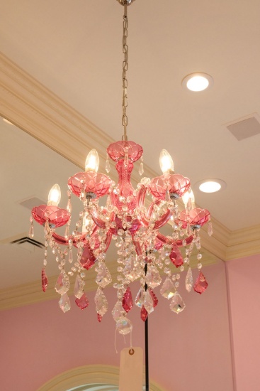 Pink glass chandelier 6 light pink and clear prisms,  Approx. 14"W x 24"H